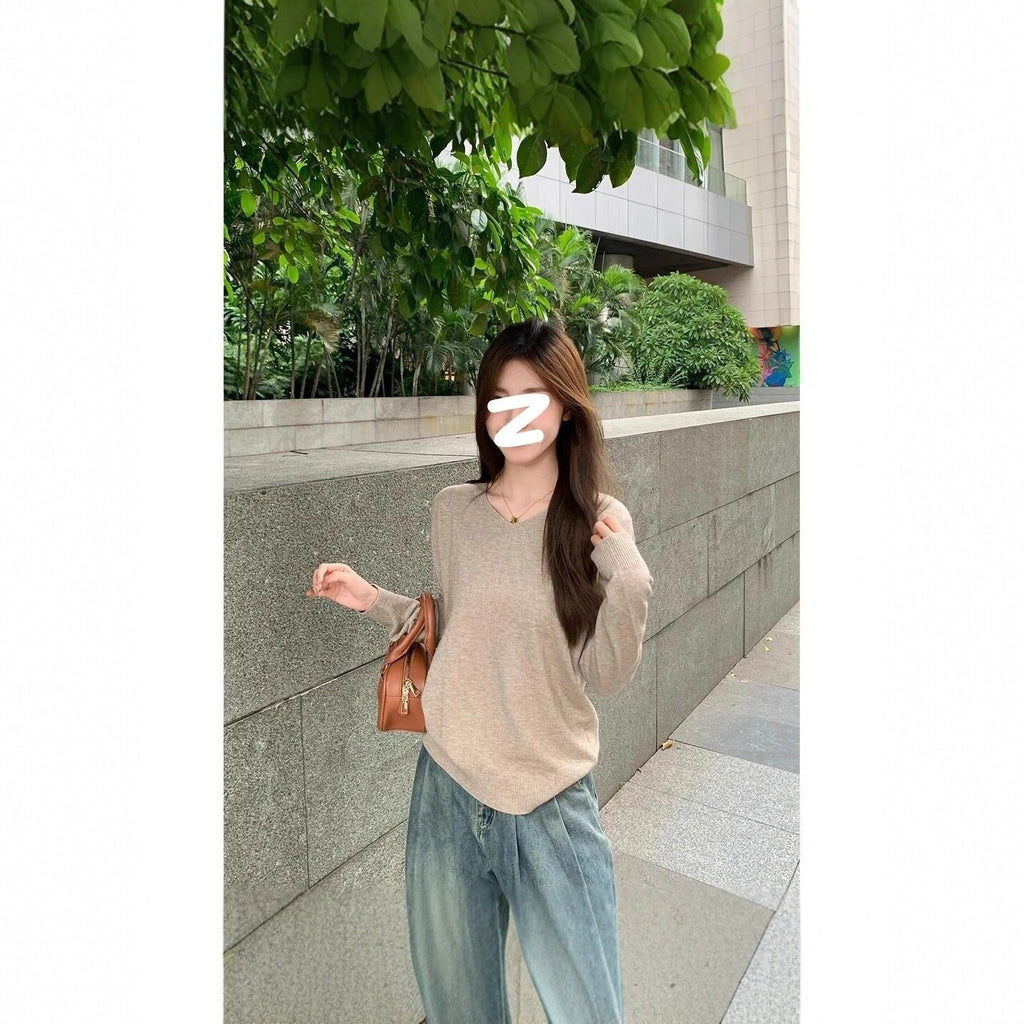Autumn and winter Korean V-neck long-sleeve knit top for women, loose, slimming, solid color, versatile basic base top for outerwear