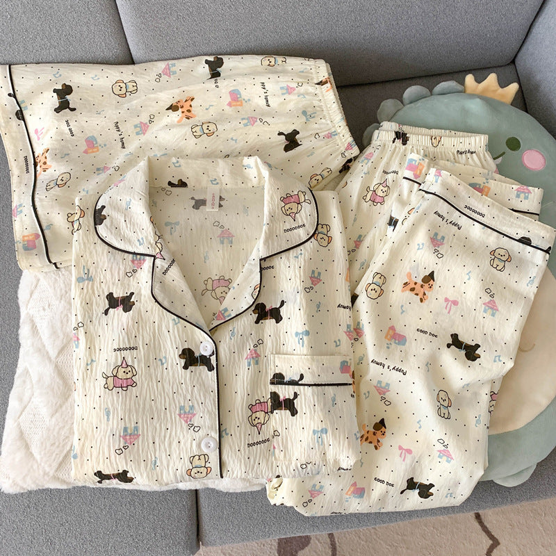 2025 New HelloKitty Cotton Gauze Pajamas Women's Summer Short Sleeve Long Pants Three-Piece Loungewear