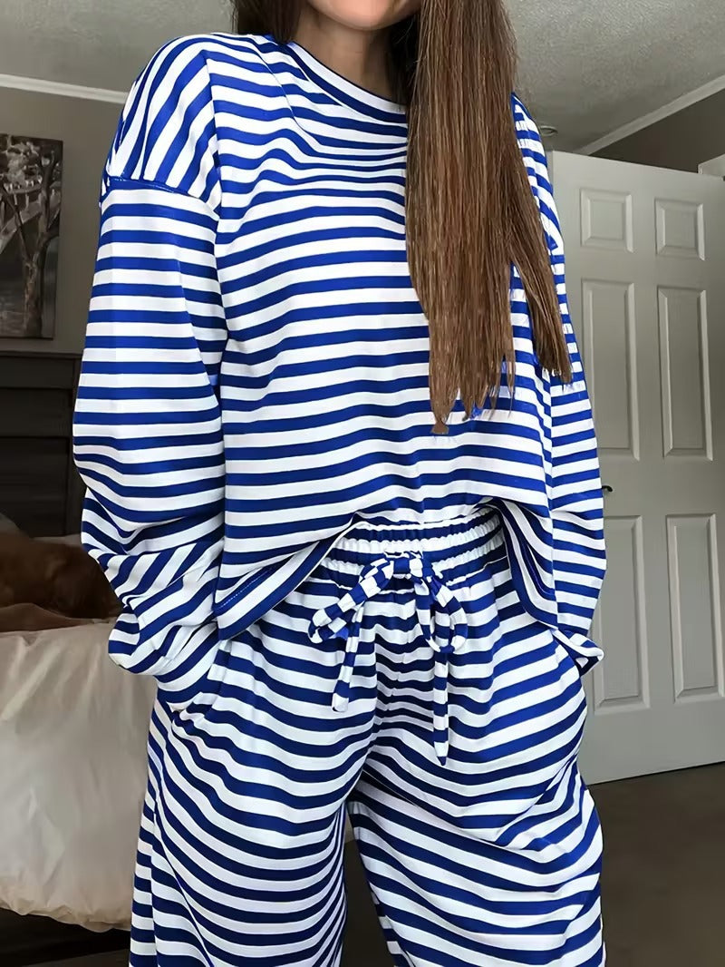 Amazon European and American women's hot-selling 2026 autumn striped long-sleeve tops, high-waisted pants, women's fashion casual sets