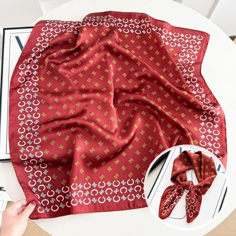 Small square scarf, Chinese style camellia spring and autumn silk scarf for women, Korean style versatile elegant imitation silk scarf, neckscarf tie, bag, and hair tie