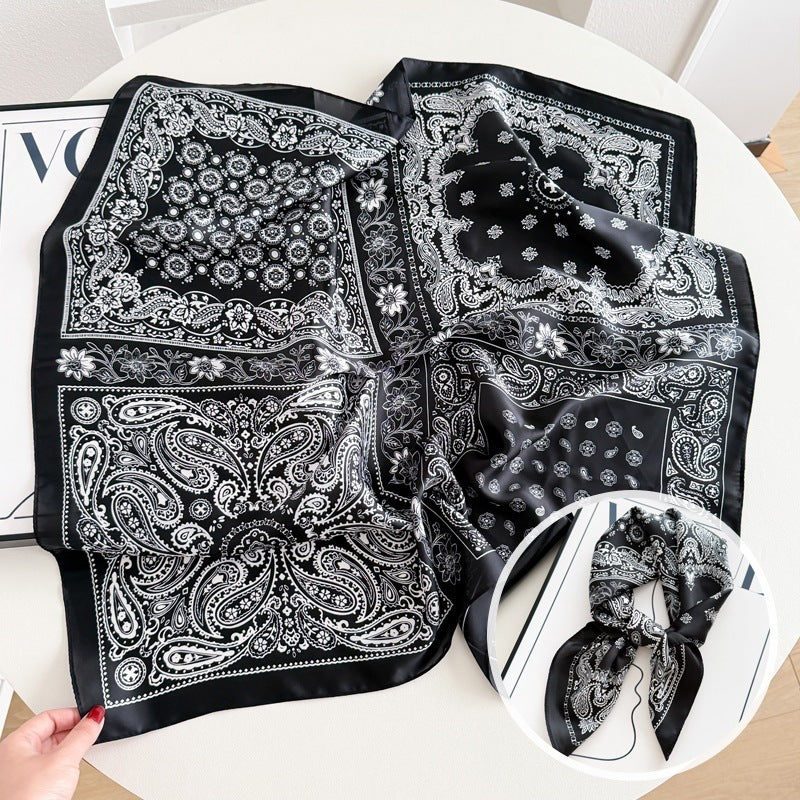 Small square scarf, Chinese style camellia spring and autumn silk scarf for women, Korean style versatile elegant imitation silk scarf, neckscarf tie, bag, and hair tie