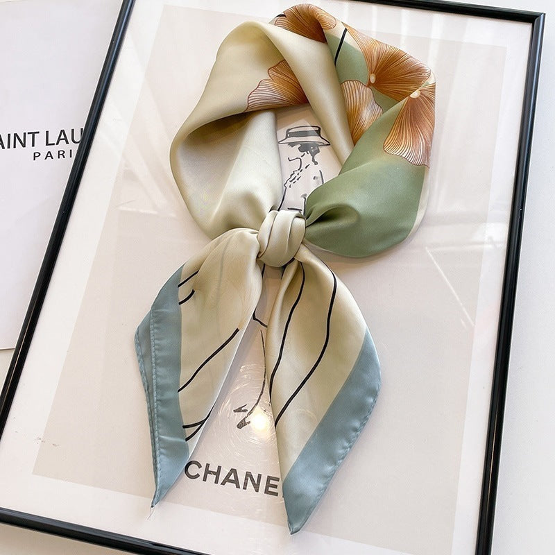 Small square scarf, Chinese style camellia spring and autumn silk scarf for women, Korean style versatile elegant imitation silk scarf, neckscarf tie, bag, and hair tie