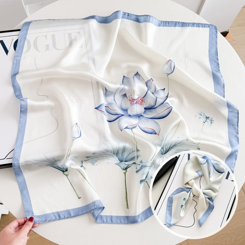 Small square scarf, Chinese style camellia spring and autumn silk scarf for women, Korean style versatile elegant imitation silk scarf, neckscarf tie, bag, and hair tie