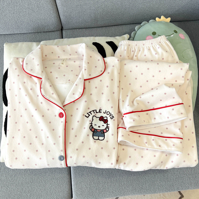 HelloKitty Velvet Pajamas Women's Autumn and Winter Coral Velvet Thickened Long Sleeve Spring and Autumn Loungewear Set