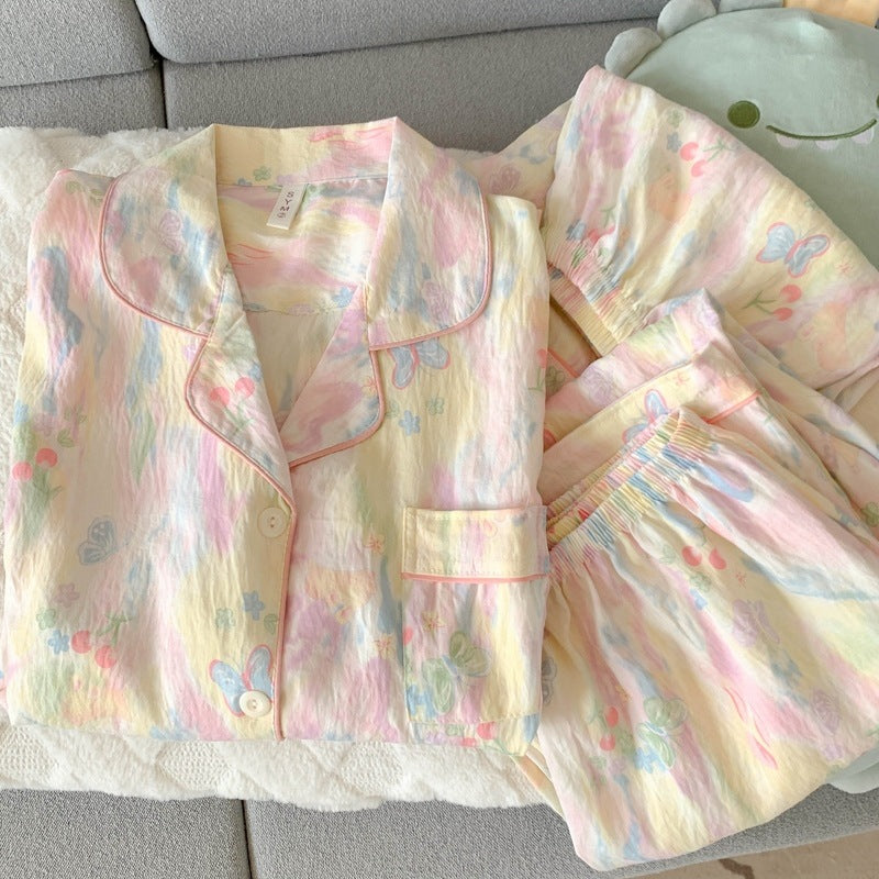 2025 New HelloKitty Cotton Gauze Pajamas Women's Summer Short Sleeve Long Pants Three-Piece Loungewear