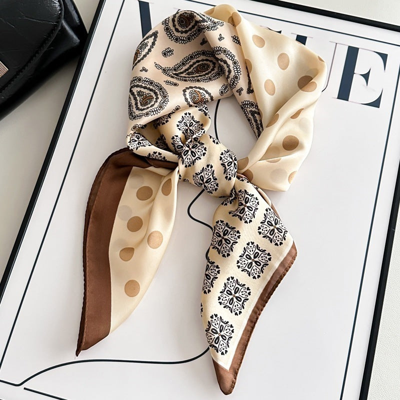 Small square scarf, Chinese style camellia spring and autumn silk scarf for women, Korean style versatile elegant imitation silk scarf, neckscarf tie, bag, and hair tie