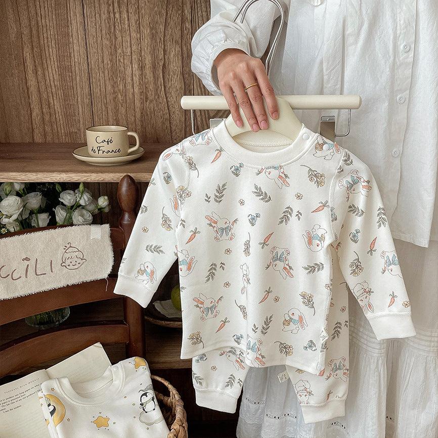 Children's autumn/winter velvet 300g thickened pure cotton autumn shirts and pants homewear set, Class A boneless