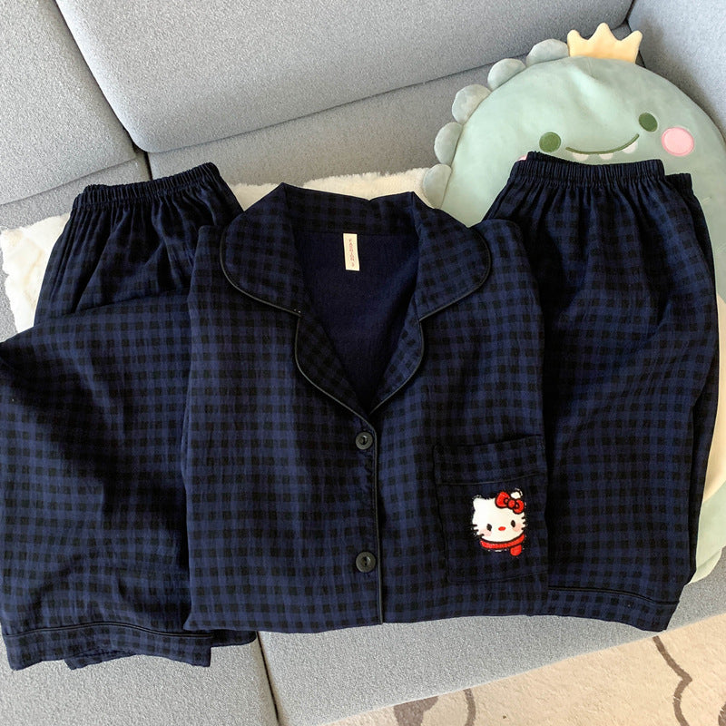 2025 New HelloKitty Cotton Gauze Pajamas Women's Summer Short Sleeve Long Pants Three-Piece Loungewear