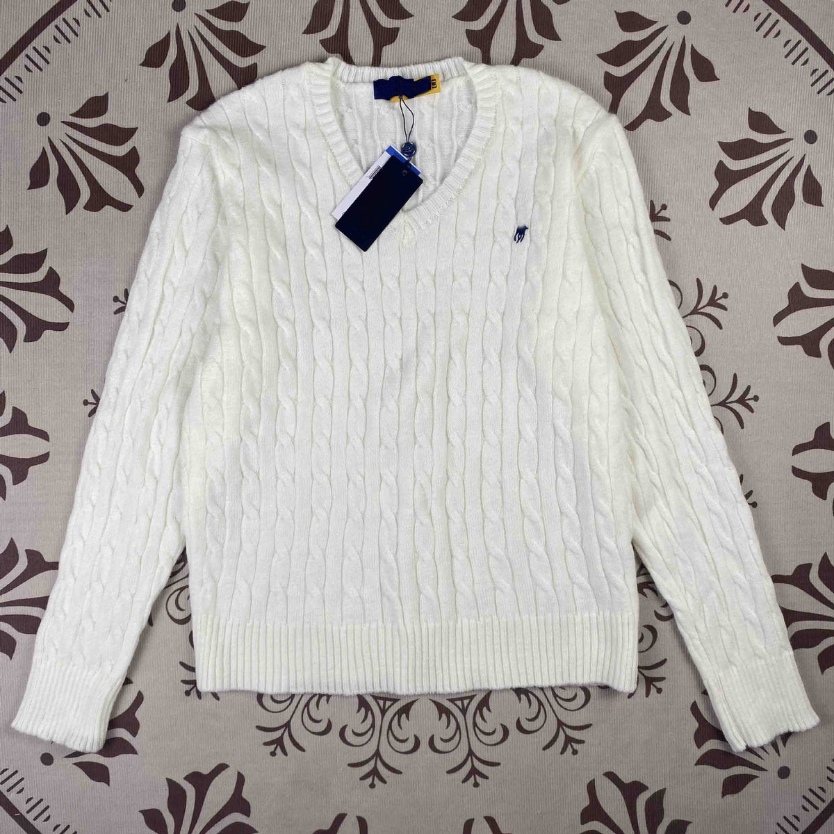 RL Rough Pony Logo Autumn/Winter Cable Twist V-neck Knit Top for Women, Available for Scanning, Embroidered Knit Sweater, Women's Top