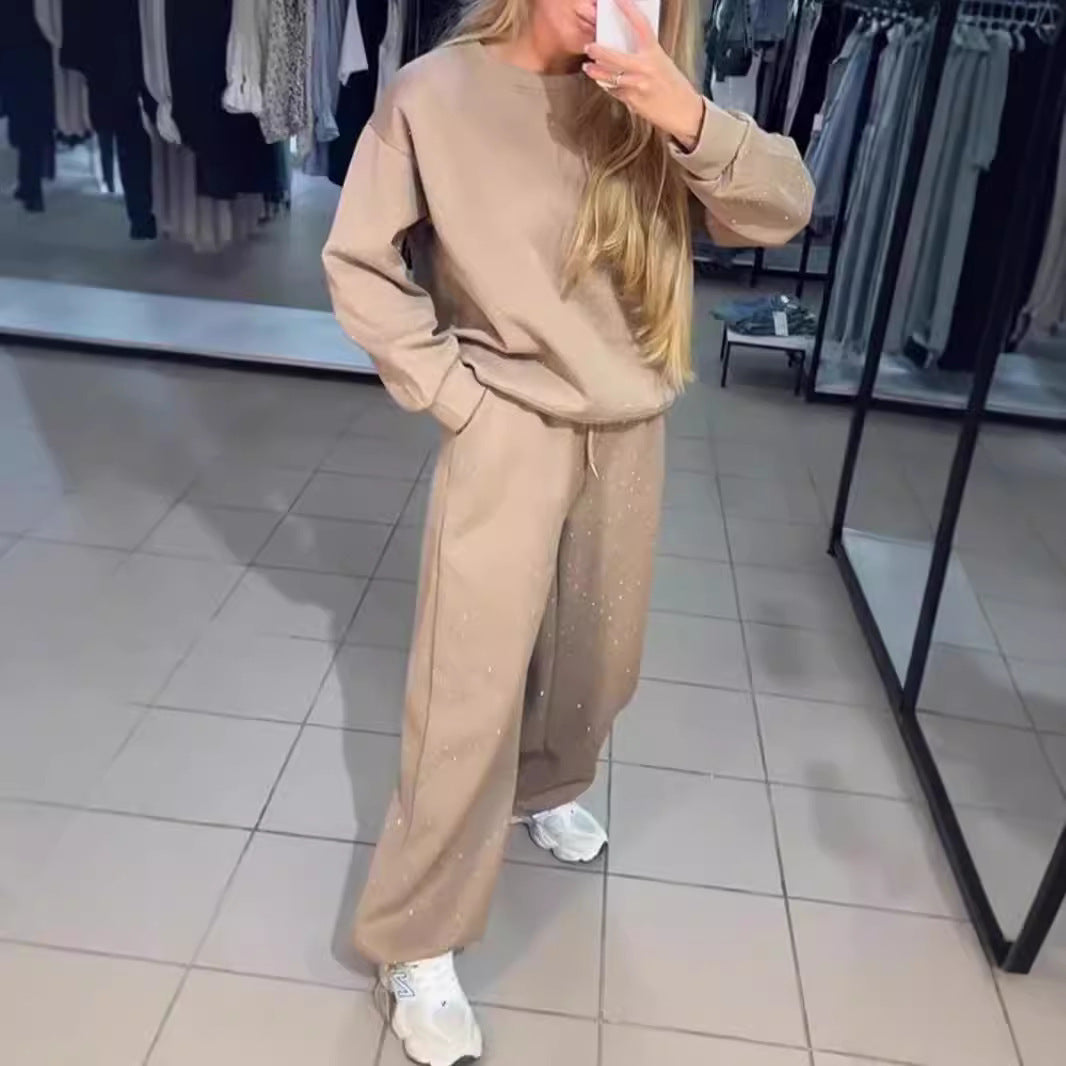 2024 European and American cross-border autumn and winter hot women's casual round neck, long sleeves, hot diamond, drawstring and leg two-piece suit