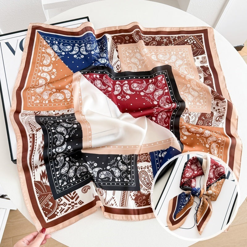 Small square scarf, Chinese style camellia spring and autumn silk scarf for women, Korean style versatile elegant imitation silk scarf, neckscarf tie, bag, and hair tie