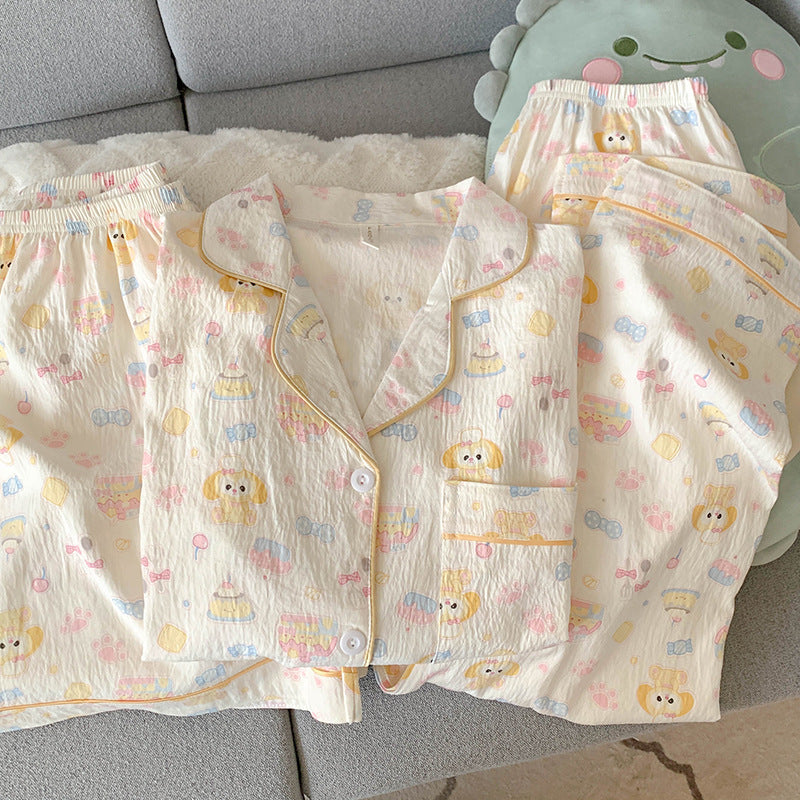 2025 New HelloKitty Cotton Gauze Pajamas Women's Summer Short Sleeve Long Pants Three-Piece Loungewear