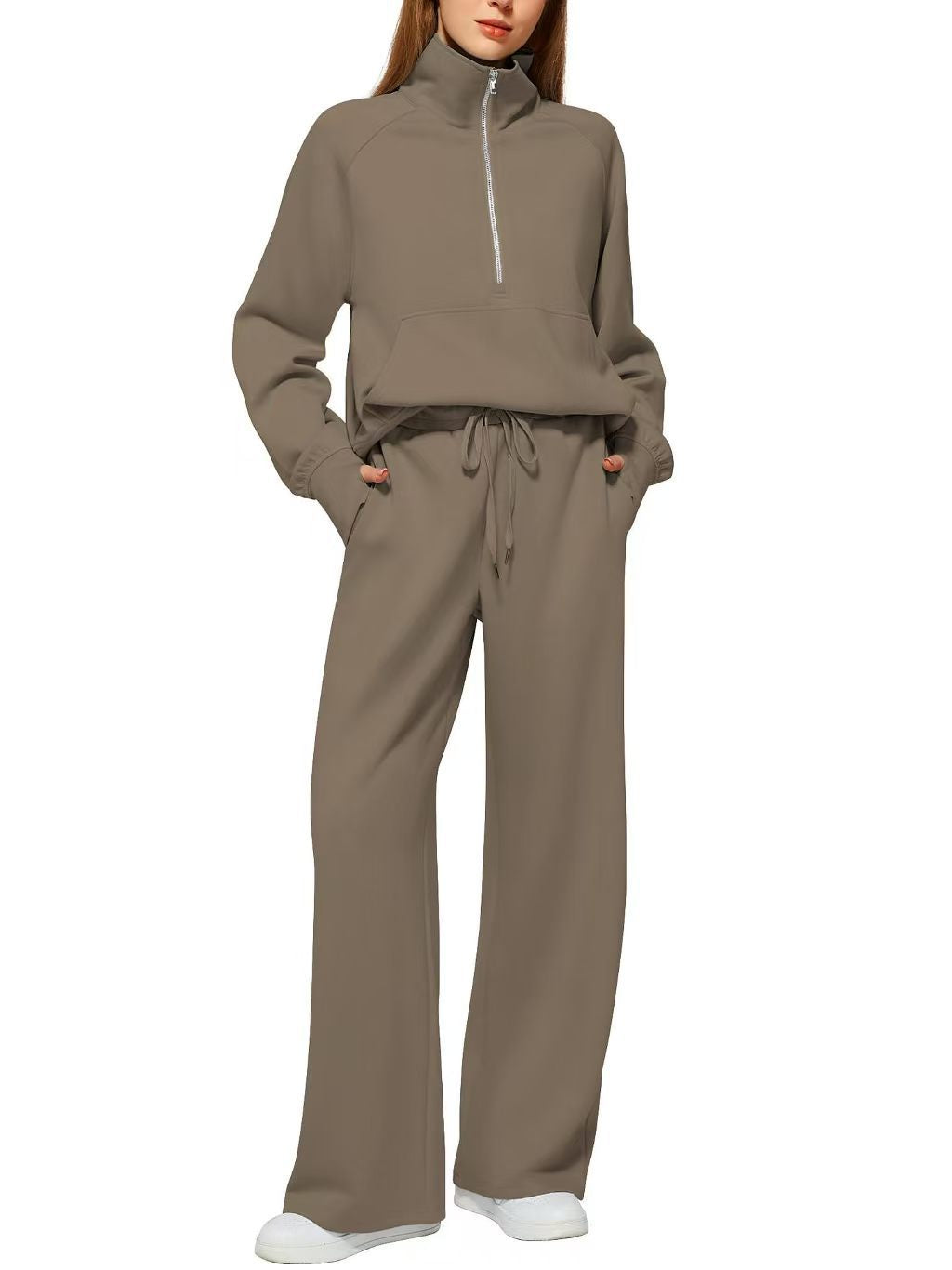 2026 Spring and Autumn New Women's Amazon European and American Casual Two-Piece Stand Collar Zipper Sports Leisure Sweatshirt Set