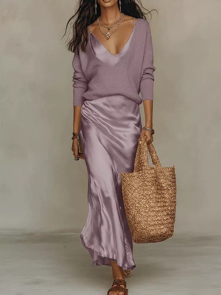 Amazon Europe & America Independent Site 2026 New Women's Knit Top, Satin Dress, Elegant Commuter Two-Piece Set