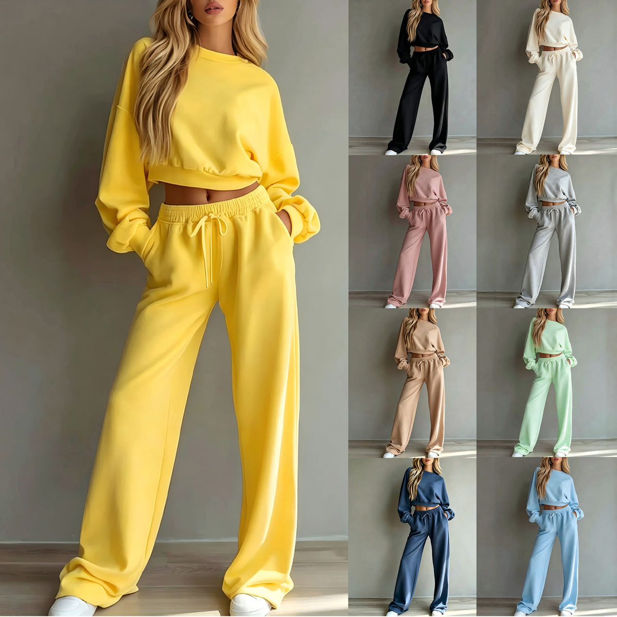2026 cross-border European and American new autumn/winter casual ultra-short crew neck long-sleeve sweatshirt and wide-leg pants set for women