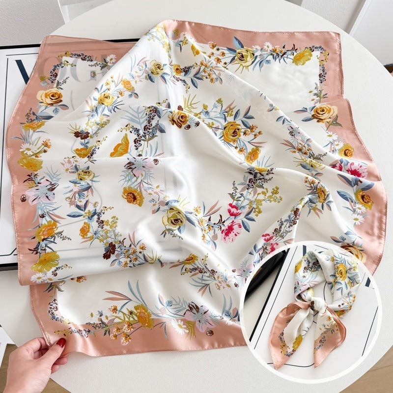 Small square scarf, Chinese style camellia spring and autumn silk scarf for women, Korean style versatile elegant imitation silk scarf, neckscarf tie, bag, and hair tie