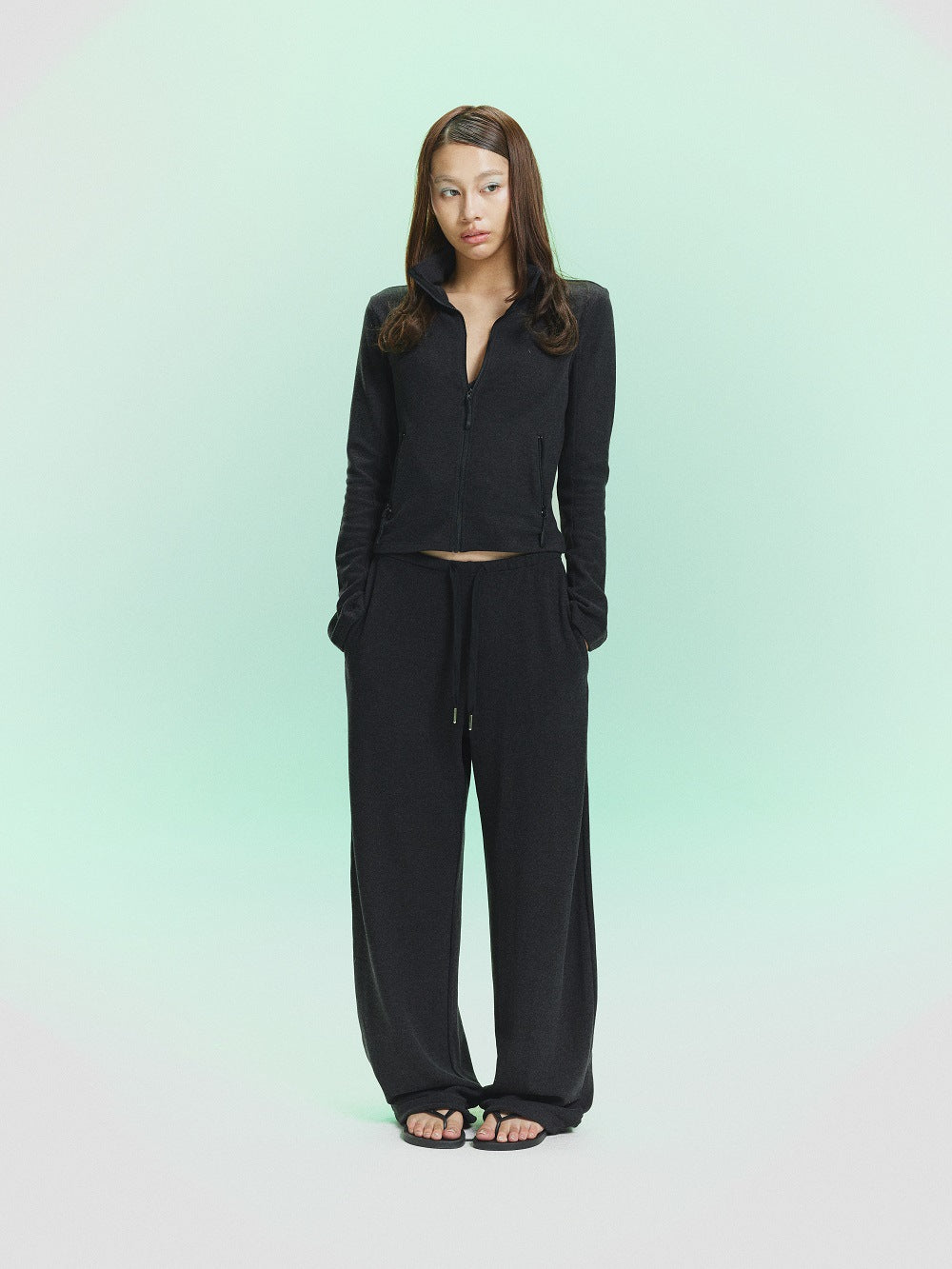 pokiovo high-end outfit, stand collar, slim fit women's jacket, floor-length pants, autumn casual sweatshirt, two-piece sweatpants