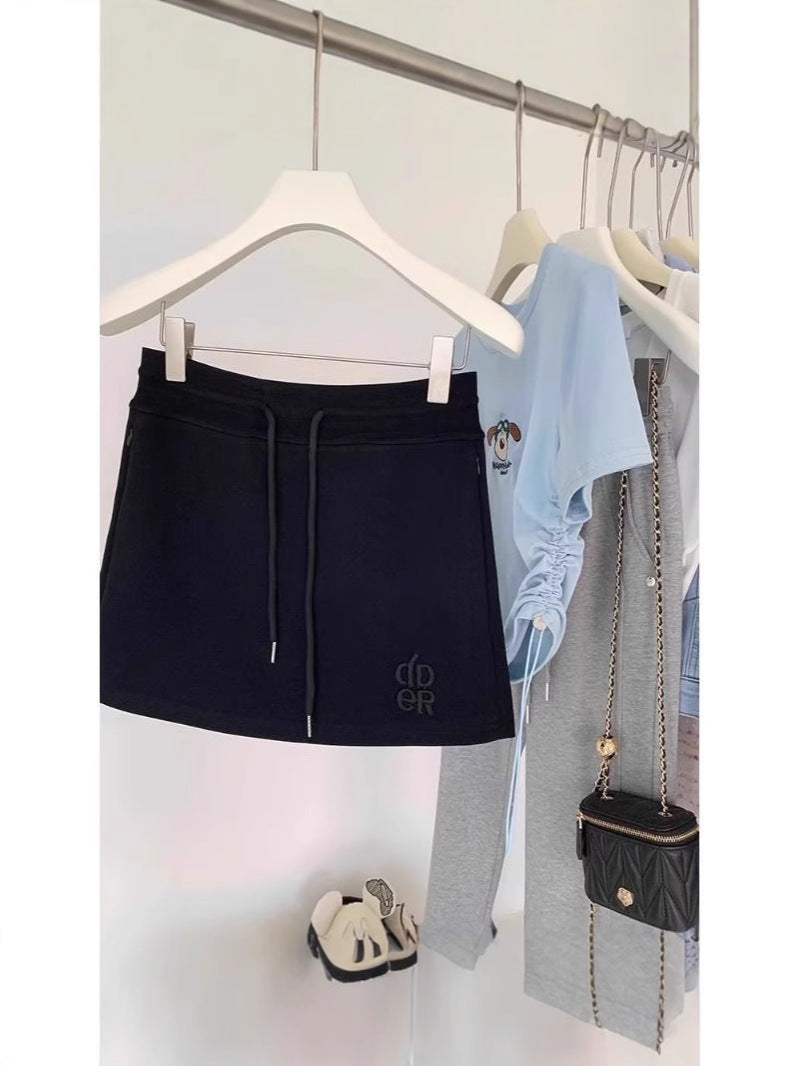 Gray short sports sweat skirt pants for women, 2025 spring new high-end drawstring hip-hugging short skirt, A-line skirt