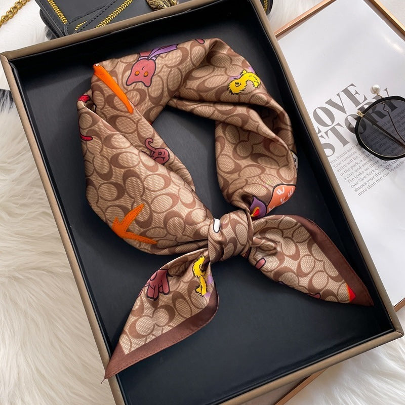 Small square scarf, Chinese style camellia spring and autumn silk scarf for women, Korean style versatile elegant imitation silk scarf, neckscarf tie, bag, and hair tie