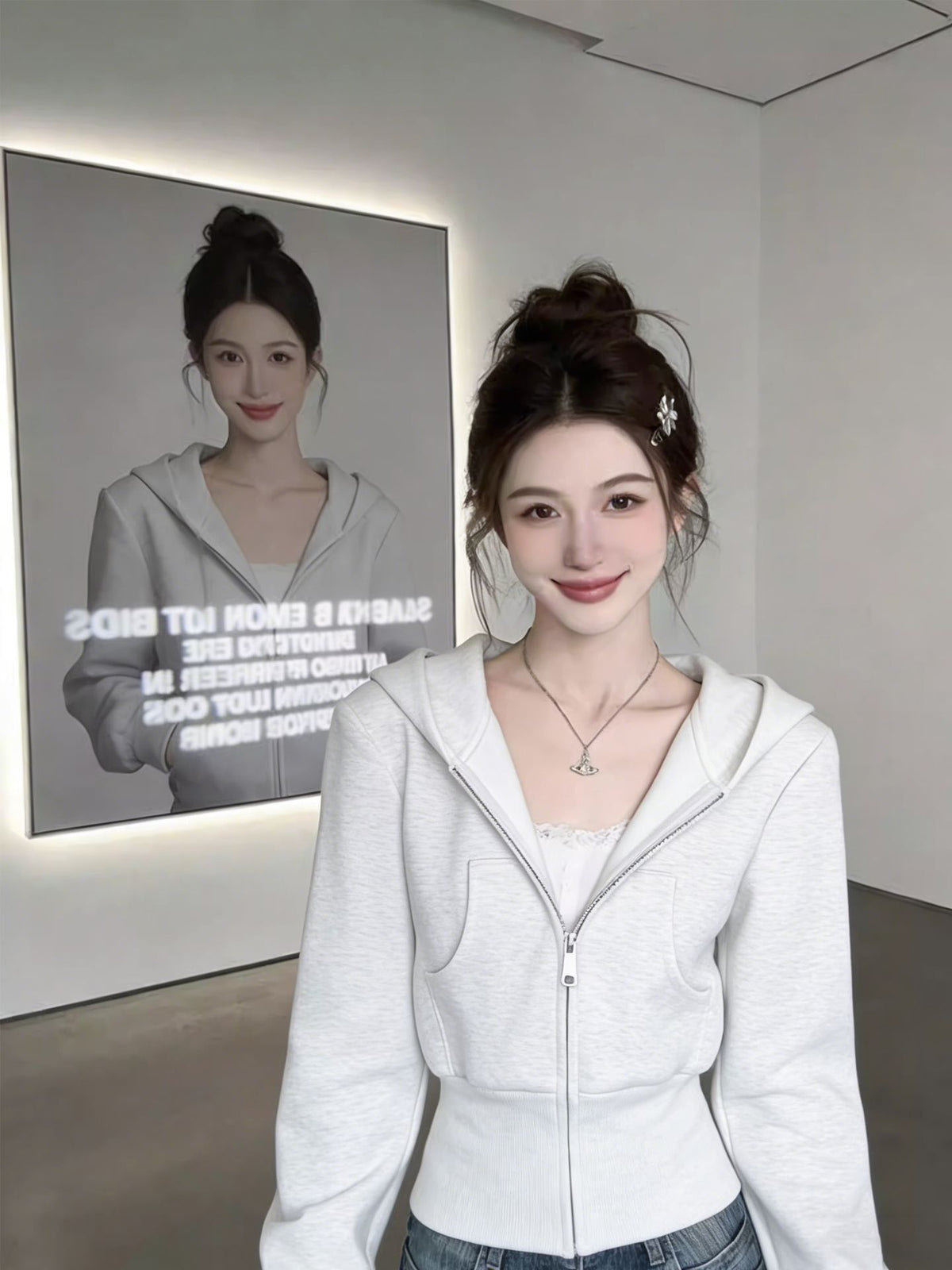 Gray sportswear women's autumn 2026 new women's Korean style casual petite sweatshirt jacket two-piece set