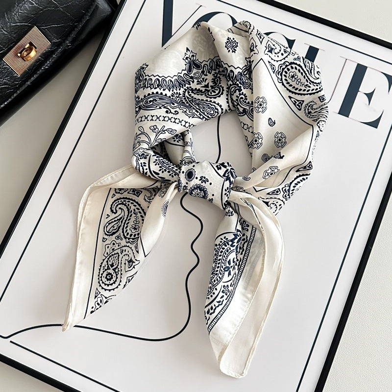 Small square scarf, Chinese style camellia spring and autumn silk scarf for women, Korean style versatile elegant imitation silk scarf, neckscarf tie, bag, and hair tie