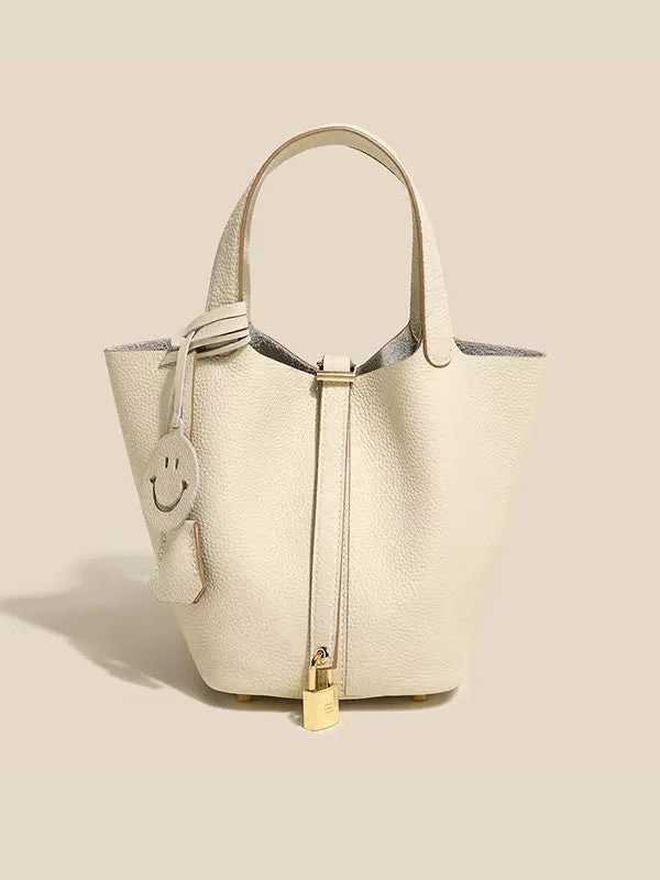 TC pattern top layer cowhide 22CM large bucket cabbage basket women's bag leather handbag newlywed bag mommy women's bag