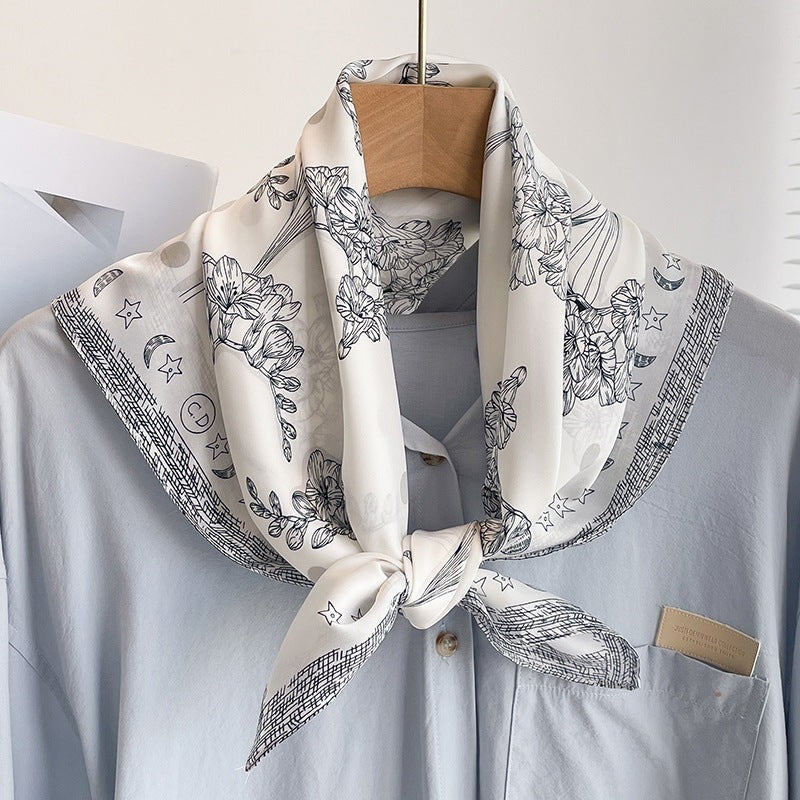 Small square scarf, Chinese style camellia spring and autumn silk scarf for women, Korean style versatile elegant imitation silk scarf, neckscarf tie, bag, and hair tie