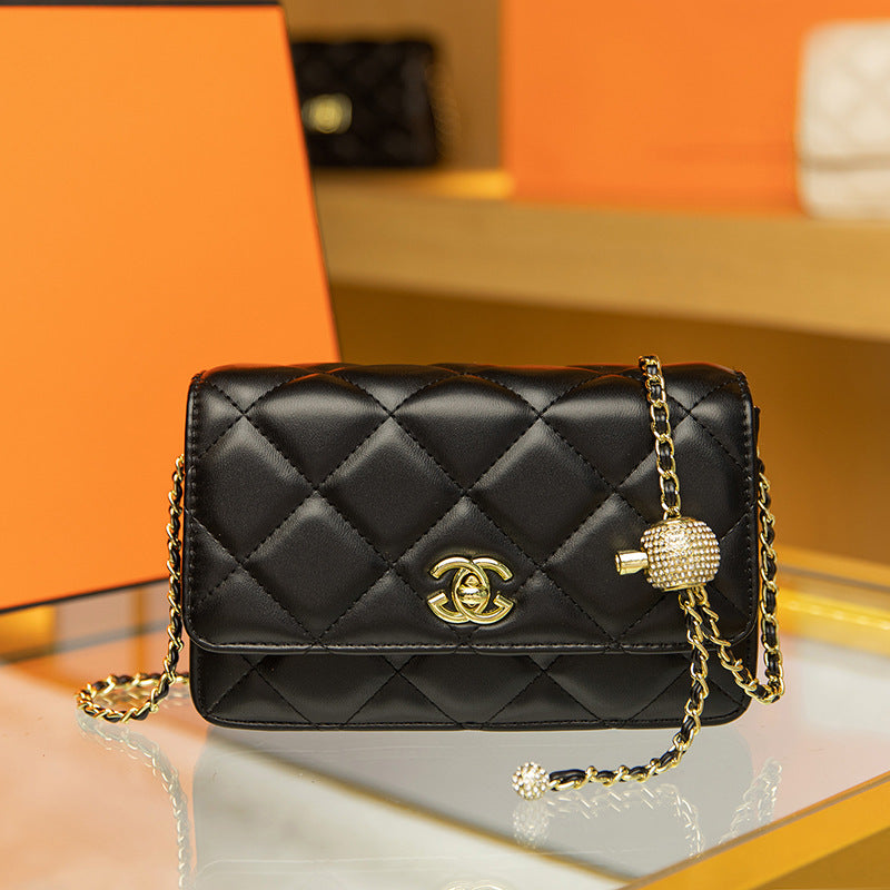 Small fragrance style leather large plaid crossbody bag one-shoulder women's diamond gold ball chain bag versatile small square bag diamond checkered