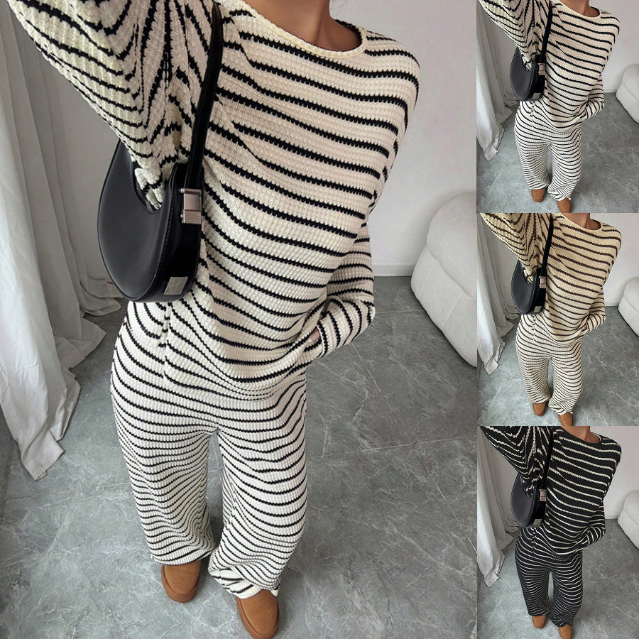 2026 European and American Cross-border Women's Wear Amazon Independent Site Autumn/Winter New Striped Crew Neck Long Sleeve and Long Pants Two-Piece Set