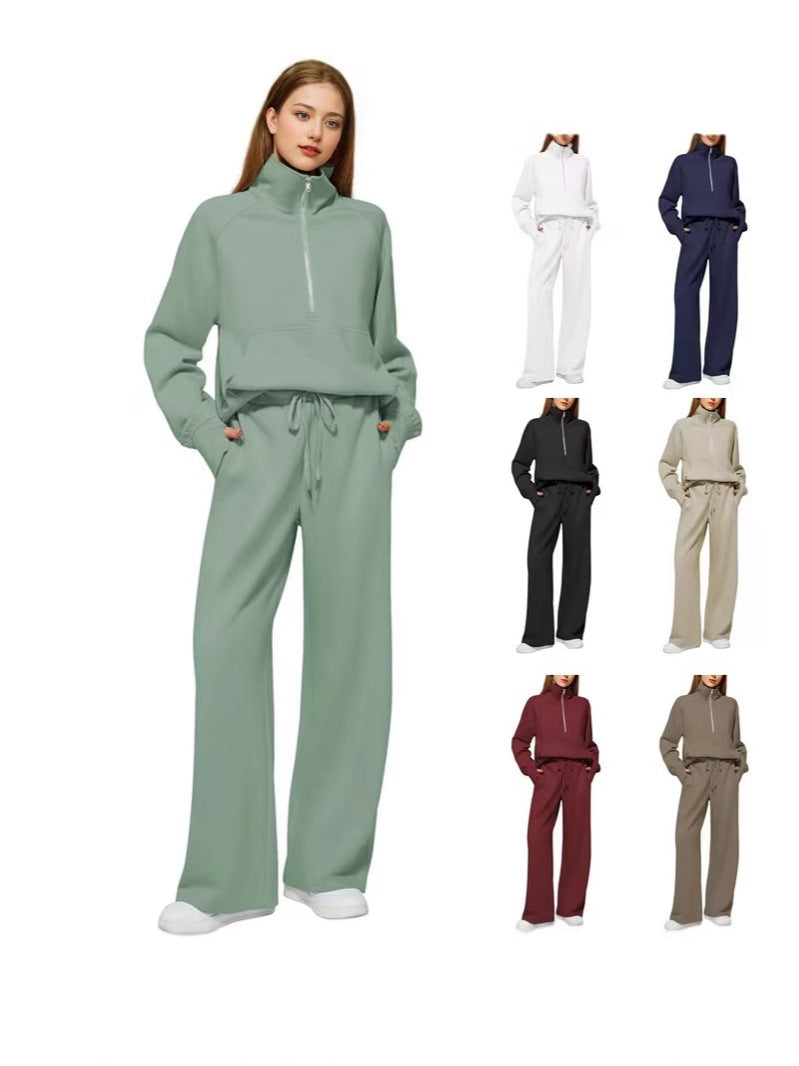 2026 Spring and Autumn New Women's Amazon European and American Casual Two-Piece Stand Collar Zipper Sports Leisure Sweatshirt Set