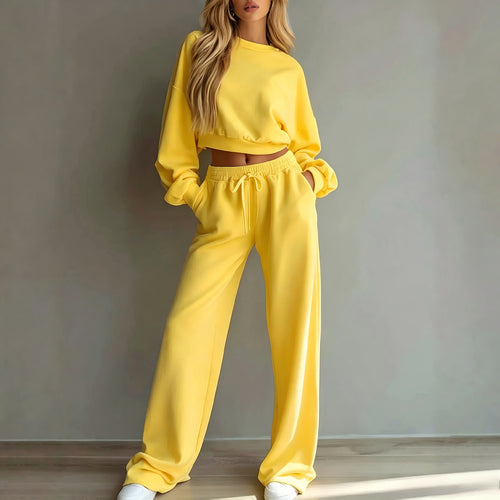 2026 cross-border European and American new autumn/winter casual ultra-short crew neck long-sleeve sweatshirt and wide-leg pants set for women