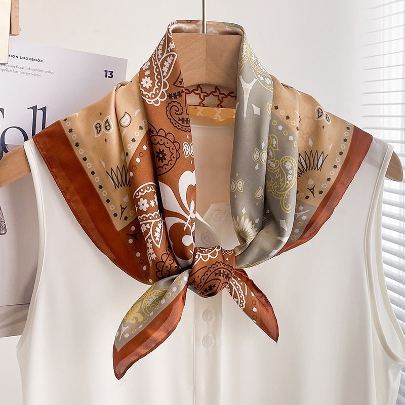 Small square scarf, Chinese style camellia spring and autumn silk scarf for women, Korean style versatile elegant imitation silk scarf, neckscarf tie, bag, and hair tie