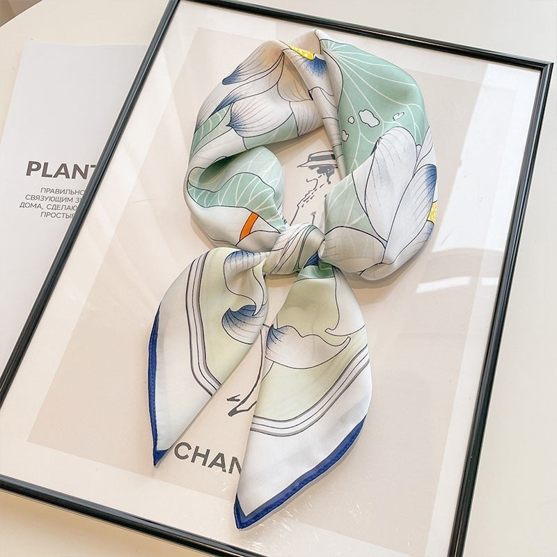 Small square scarf, Chinese style camellia spring and autumn silk scarf for women, Korean style versatile elegant imitation silk scarf, neckscarf tie, bag, and hair tie