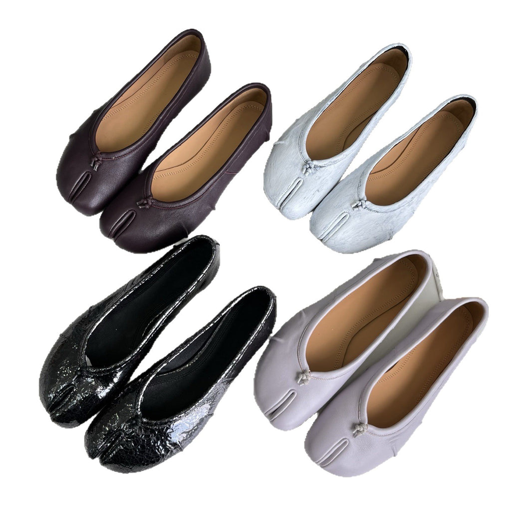 M*M6 unlabeled ballet flats, genuine leather TABI split-toe shoes, women's lamb hoof flat, shallow pleated high-end flats