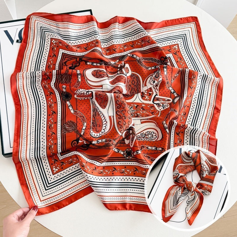 Small square scarf, Chinese style camellia spring and autumn silk scarf for women, Korean style versatile elegant imitation silk scarf, neckscarf tie, bag, and hair tie