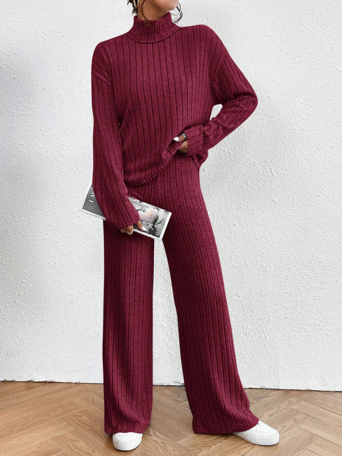 European and American autumn and winter cross-border new fashion women's high neck simple casual long-sleeve sweatshirt straight-leg pants set