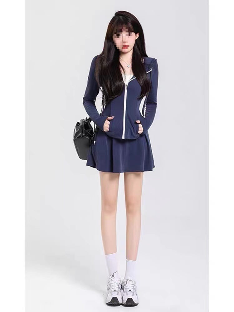 Casual sports set, sweet girl, slim fitted hooded cardigan, spring skirt two-piece set