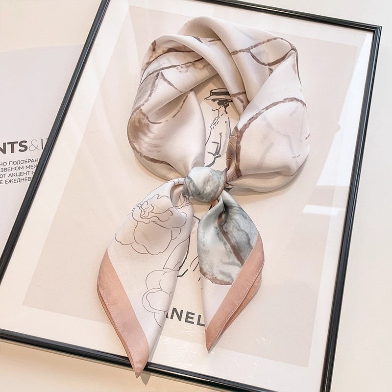 Small square scarf, Chinese style camellia spring and autumn silk scarf for women, Korean style versatile elegant imitation silk scarf, neckscarf tie, bag, and hair tie