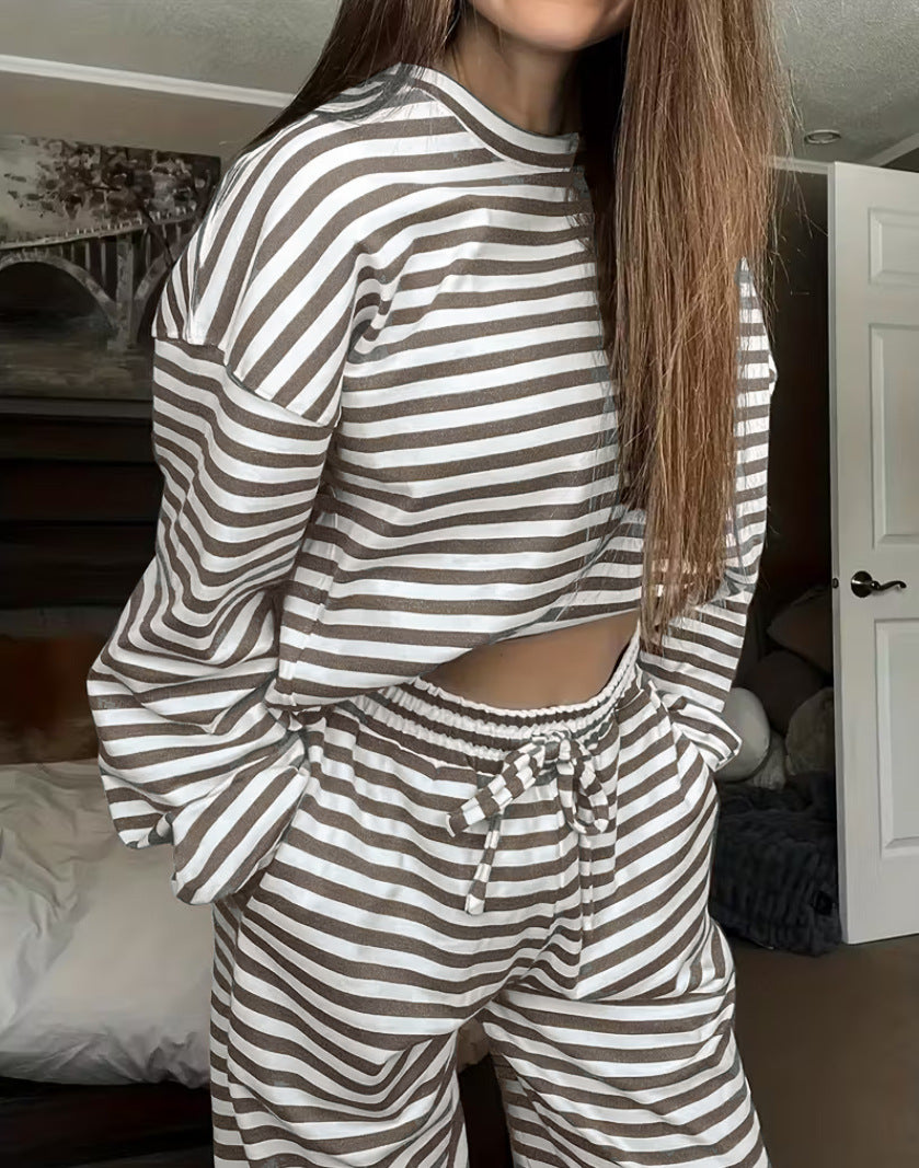 Amazon European and American women's hot-selling 2026 autumn striped long-sleeve tops, high-waisted pants, women's fashion casual sets