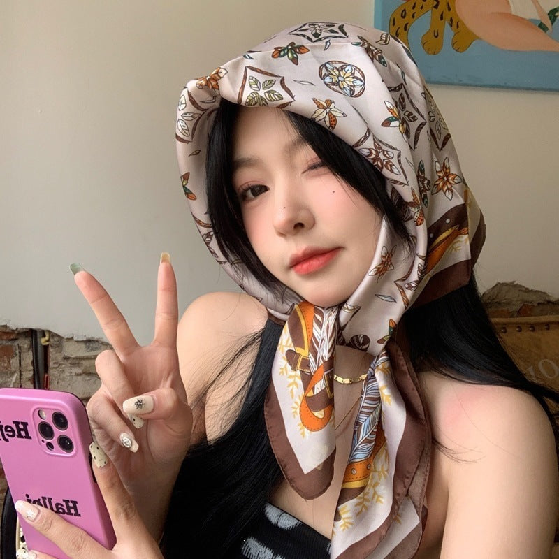 Small square scarf, Chinese style camellia spring and autumn silk scarf for women, Korean style versatile elegant imitation silk scarf, neckscarf tie, bag, and hair tie