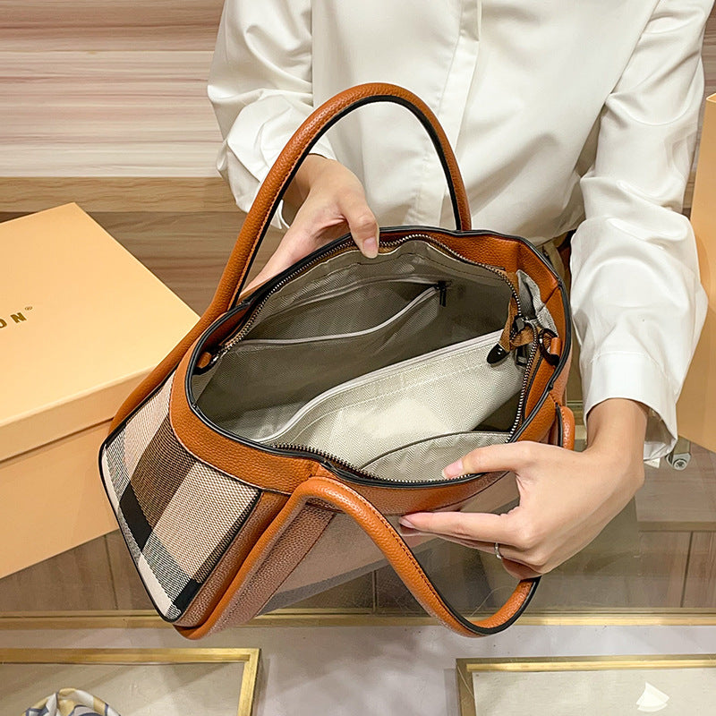 European and American fashion genuine leather large-capacity handbag, plaid tote bag, 2026 new style, women's single shoulder crossbody bag