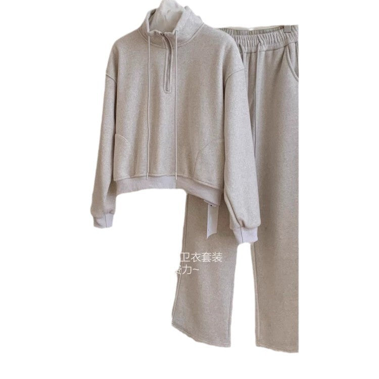 2026 Fashion Sportswear Set: Fleece-Lined Thickened Stand Collar Half Zipper Sweatshirt and Pants, Youthful Design Two-Piece Set for Women