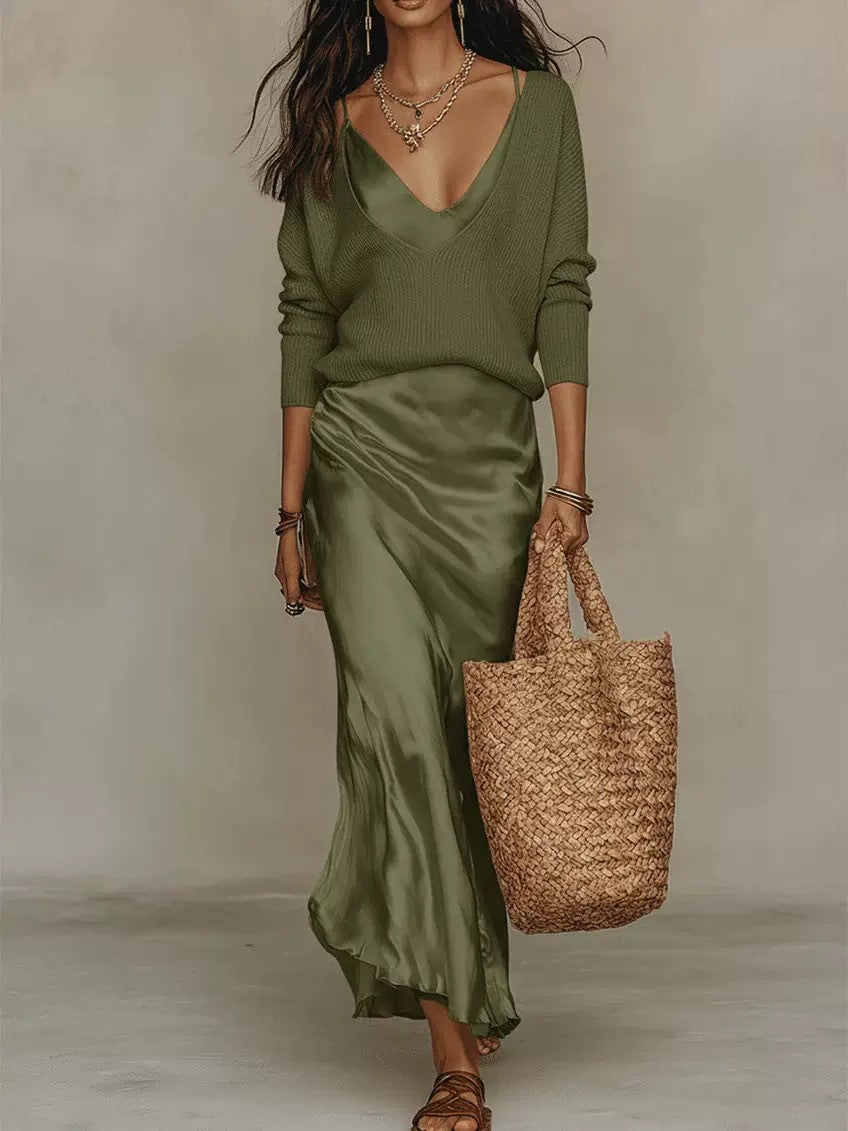 Amazon Europe & America Independent Site 2026 New Women's Knit Top, Satin Dress, Elegant Commuter Two-Piece Set