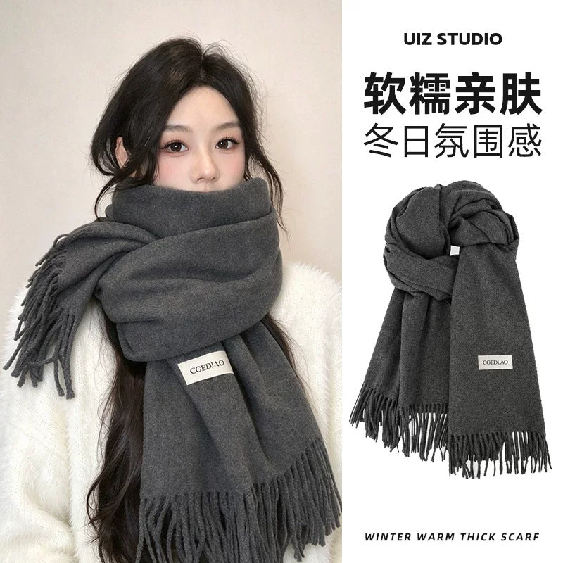 Gray high-end scarf women's autumn and winter new solid color versatile imitation cashmere shawl dual-purpose warm scarf thick men
