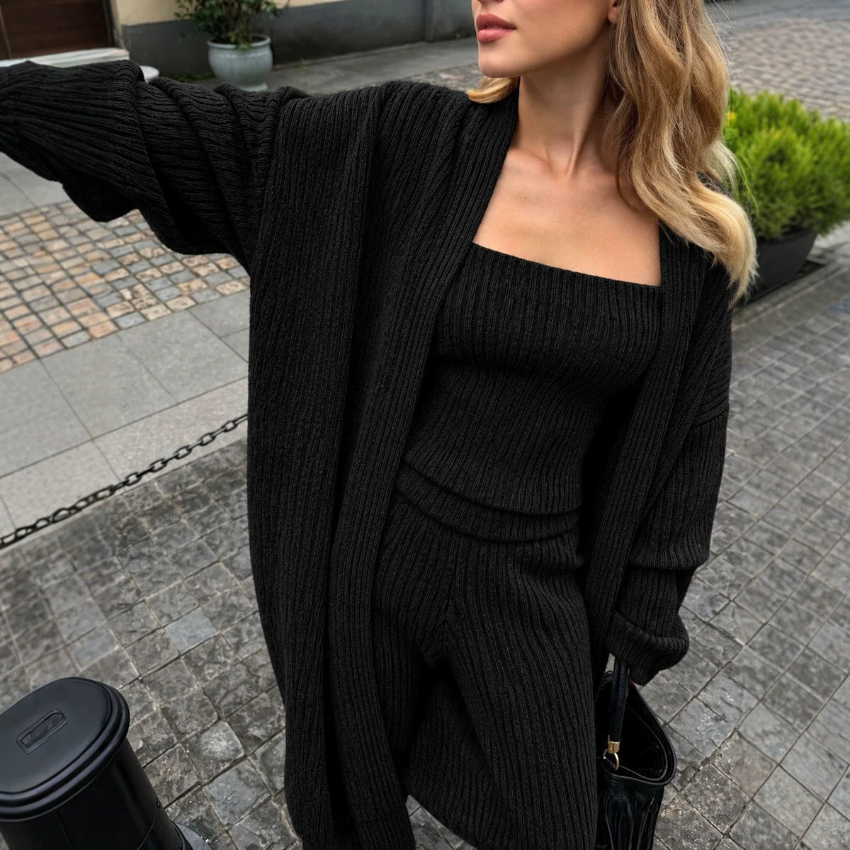 2026 Autumn/Winter European and American high-end knit strapless tank top, high-waist wide-leg pants, loose long cardigan, three-piece set for women