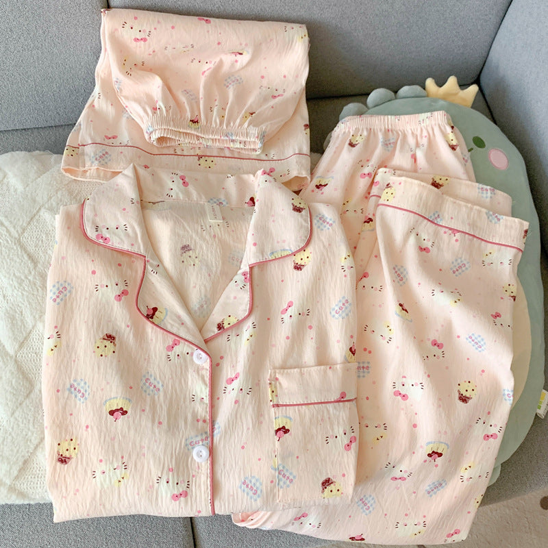 2025 New HelloKitty Cotton Gauze Pajamas Women's Summer Short Sleeve Long Pants Three-Piece Loungewear