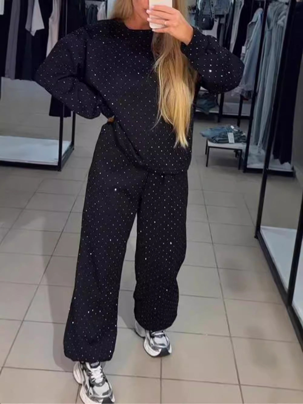 2024 European and American cross-border autumn and winter hot women's casual round neck, long sleeves, hot diamond, drawstring and leg two-piece suit