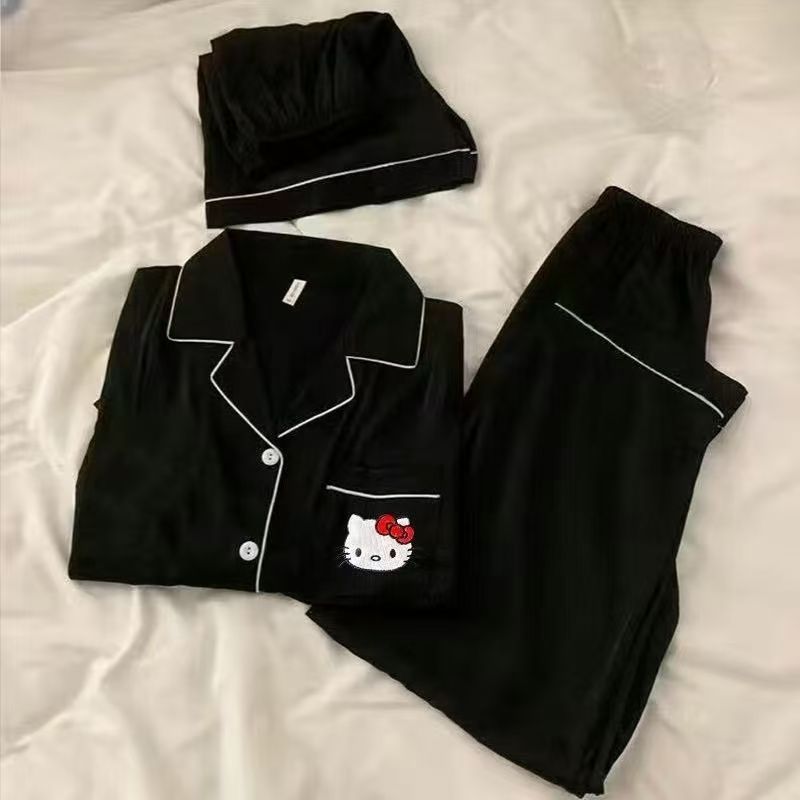 2025 New HelloKitty Cotton Gauze Pajamas Women's Summer Short Sleeve Long Pants Three-Piece Loungewear