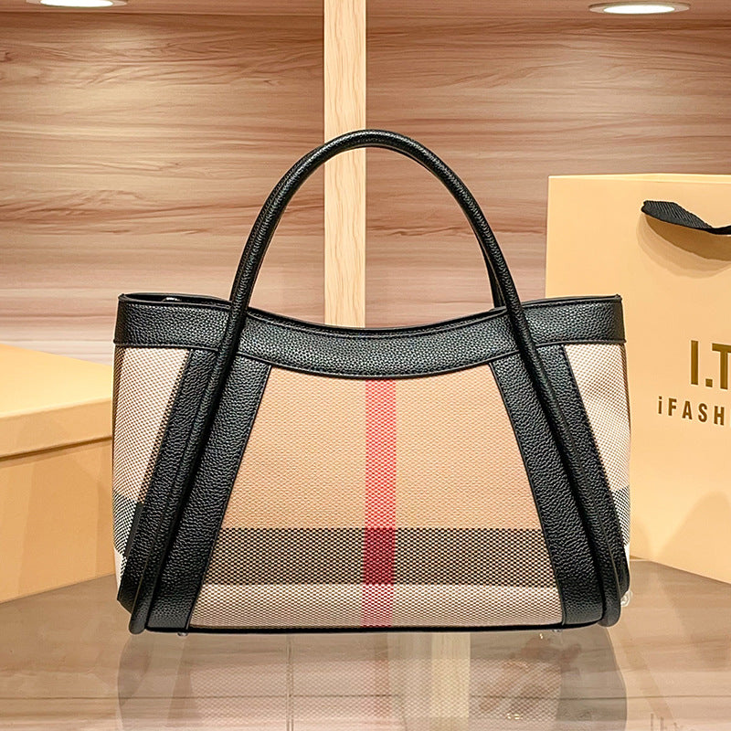 European and American fashion genuine leather large-capacity handbag, plaid tote bag, 2026 new style, women's single shoulder crossbody bag