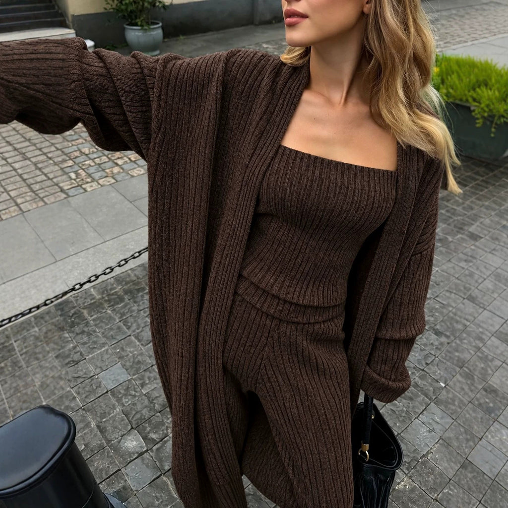 2026 Autumn/Winter European and American high-end knit strapless tank top, high-waist wide-leg pants, loose long cardigan, three-piece set for women